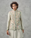 Pista Green Silk Multicolour Resham Floral Embroidered Jacket Set